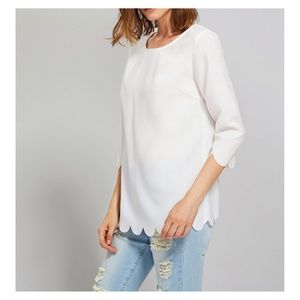 MBM Unlimited Tops - White Solid 3/4 Sleeve Scallop Trim Blouse MBM Unlimited Tops - White Solid 3/4 Sleeve Scallop Trim Blouse